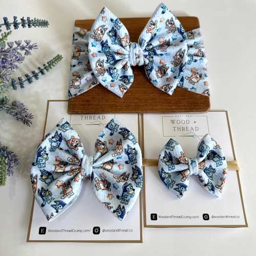 Bluey inspired hair bow | Blue heeler dog Headwrap bow | baby toddler bluey and bingo bow | nylon headband and clip bow | Bluey baby outfit