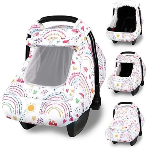 Winter Car Seat Cover Baby with Sunshade & Dual Zipper Windows - Minky Bubble Lined Windproof Soft Shell, Warm Newborn Car Seat Canopy Covers, Elastic Bottom for Stroller & Infant Car Seat, Rainbow