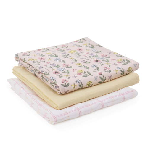 Parent's Choice Muslin Extra Large Swaddle 3-pack, Floral Pink and Yellow, Infant Girl, Cotton