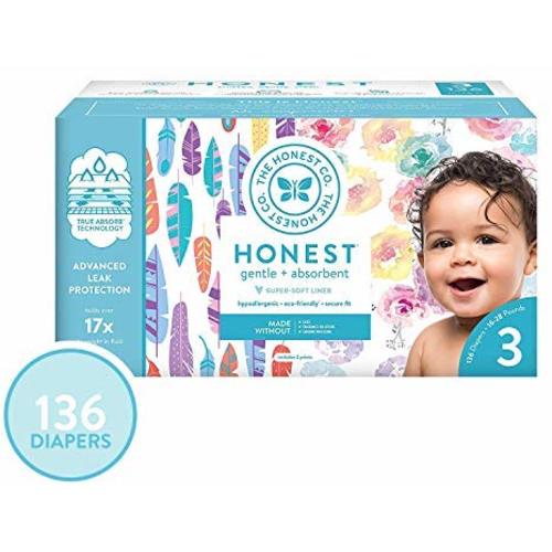 The Honest Company Super Club Box Diapers with TrueAbsorb Technology, Rose Blossom & Painted Feathers, Size 3, 136 Count