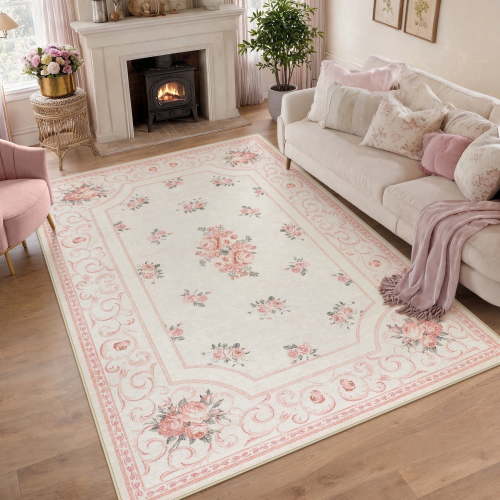 Fnova Boho Floral 5x7 Pink Area Rug for Girls Bedroom, Soft Washable Nursery Living Room Rug, Vintage Non-Slip Low Pile Indoor Carpet for Dorm Kids Dining Playroom, Oeko-Tex Certified