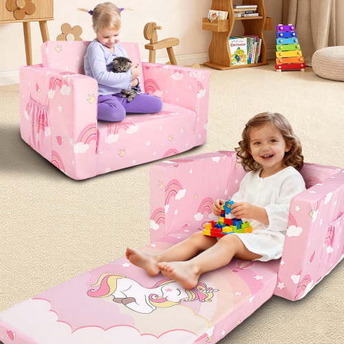 Beavtaens Toddler Sofa, 2-in-1 Pink Flip Open Toddler Couch, with Side Pocket, for Ages 18 Months+