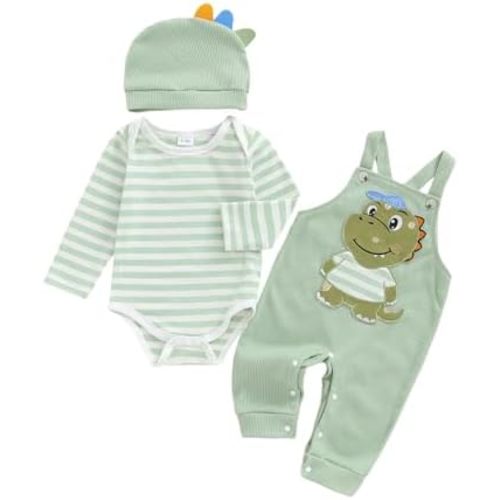 Baby Boy Clothes Cute Animal Suspenders outfit Striped Romper Animal Embroidery Overalls and Hat 3Pcs Set