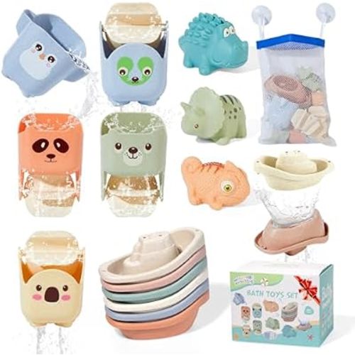 Baby Bath Toys for Kids Ages 1-3, 14 Pack Mold Free Bath Toys Toddlers 2-4 Bathtub Toys with Floating Boats&Cups and No Hole Bath Toy for Babies 6-12 Months Gifts for Boys & Girls