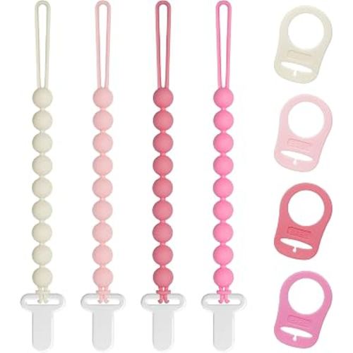 Pacifier Clips Baby Girls - Draklary 4 Pack Silicone Pacifier Clip with Adapter Ring, Fits MAM Dummy, Soothe Baby Binky Holder for Newborn Essentials Shower Birthday Gift