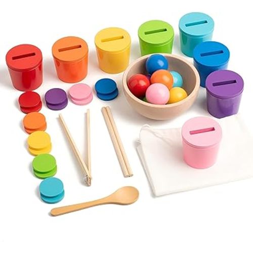 Ball in Cups Toddler Montesssori Toys for 1 Years Old, Rainbow Color Sorting Toy Coin Box Matching Game, Wooden Learning Color for Baby Toddler Age 1-3, Fine Motor Developmental Infants Sensory Toy