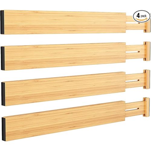 BAMEOS Drawer Divider,Expandable Bamboo Separators Adjustable Utensil Knife Fork Tool Kitchen Organizer, Clothes Fabric Drawer Organizer In Bathroom Bedroom Office, Cabinet Dresser Organizer 4-pack