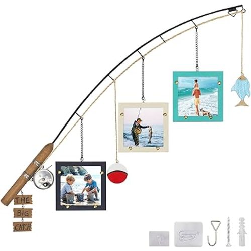 Wood Fishing Pole Picture Frame,Three 4x4'' Picture Frames-Fishing Lake House Gifts,Real Fishing Rod Design,Adjustable Hanging Wall Decor for Cabin,Farmhouse,Fishing Lovers,Fisherman,Boy Room,Husband(Need Install)