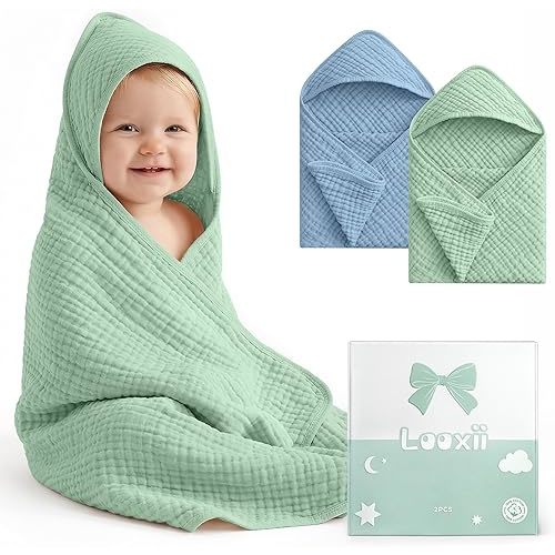Looxii Baby Bath Towels 2 Pack Muslin Hooded Baby Towels for Newborn and Infants, 100% Cotton, Large 32x32Inch, Soft and Absorbent Blue+Green