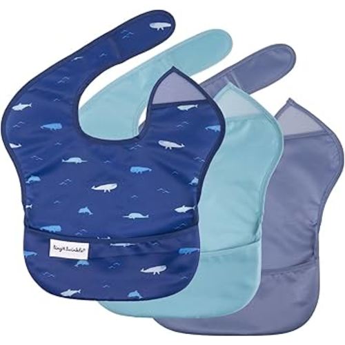 Tiny Twinkle Mess-Proof Baby Bibs for Eating | Waterproof, Wipeable Toddler Bibs with Catch-All Pocket | Feeding Bibs for Girls & Boys(3 Pack,Ocean Life Set)