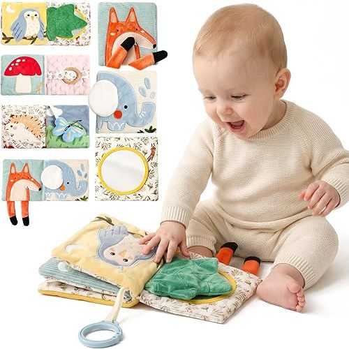 Montessori Soft Baby Book - Sensory Book for Babies 0-12 Months with Crinkle Paper, Touch & Feel Textures, Baby Safe Mirror & Teether. Educational Infant Toys for Tummy Time, Newborn