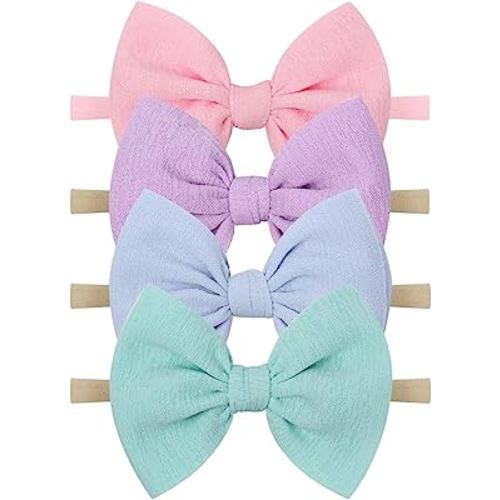 YanJie Baby Girls Nylon Headbands Newborn Bows Handmade Hair Bows Hairbands Hair Accessories for Newborn Infant Toddlers Kids (baby pink-aqua)