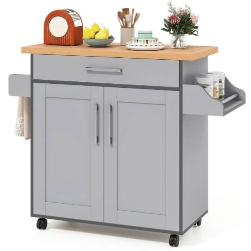 Costway Kitchen Island 44" Rolling Kitchen Cart with Drawer Adjustable Shelf Spice Rack Gray