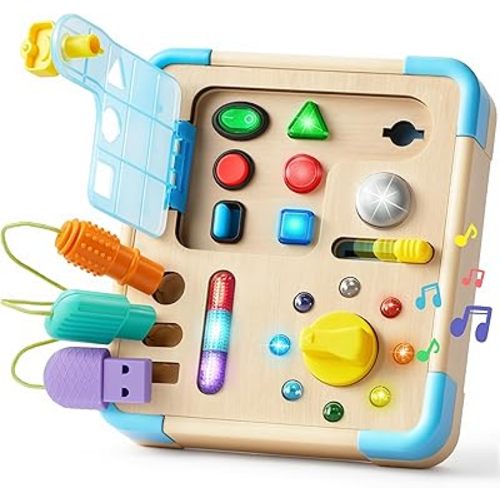 JOVA Electronic Busy Board – Montessori Learning Toddler Toy with 15 LED Light & 9 Sounds, 5 Switches & Plugs, Travel Toys Sensory Activity Board for 1 2 3 Years Old Boy & Girl Birthday Gift