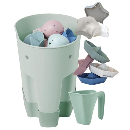 Shnuggle Bath Accessories Bundle - Ellie Bath Toy Scoop, Washy Rinse Jug, Stack n Sail Bath Boats, & Wishy Sensory Bath Toy for Babies & Toddlers - 4-Piece Set, Eucalyptus