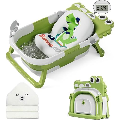 MoreFeel Collapsible Baby Bathtub for Newborn with Thermometer & 1 Hooded Towel & 1 Soft Floating Cushion,Portable Travel Bathtub with Drain Hole, Durable Foldable Baby Tubs for Infants to Toddler