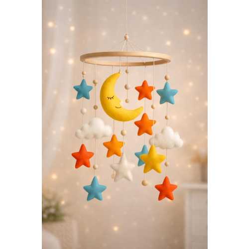 Baby Mobile Felt Moon and Stars, Colorful Nursery Crib Mobile, Handmade Baby Shower Gift, Neutral Nursery Decor, Hanging Mobile for Baby Roo