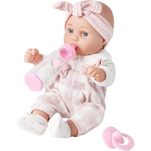 Enjoyin 12'' Baby Doll in Gift Box with Pink Cloths, Pacifier, 13''x13'' Microfabric Blanket, and Feeding Bottle. Gift Idea for Kids