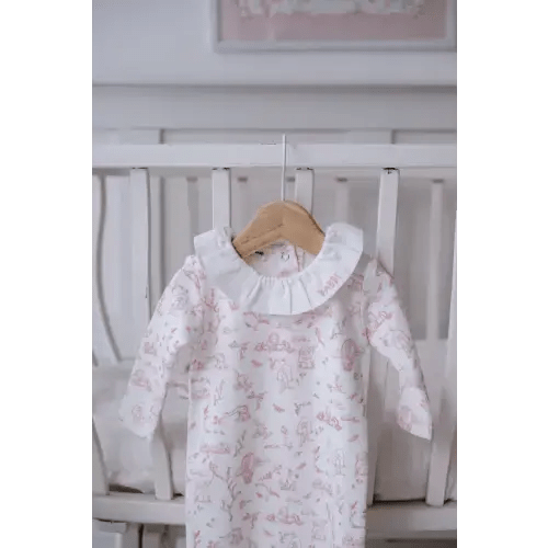 Toile De Jouy Pink Baby Onesie | Organic Footed Sleepwear for Newborns