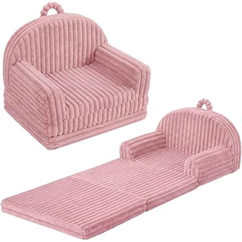 Blissful Diary Toddler Couch, 2-in-1 Comfy Toddler Chair & Lounger, Soft Flannel Fleece Kids Couch Sofa for Old Girls Boys Birthday Gift, Blush Pink