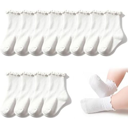Baby Toddler Girls Ruffle Socks, 6 Pairs Cotton Ankle Socks, White Toddler Girl Sock