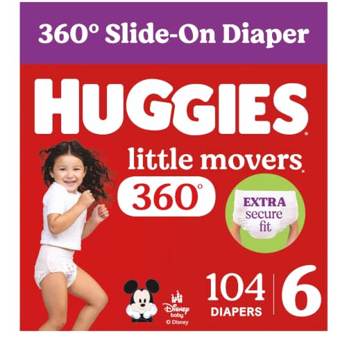 Huggies Little Movers HuggFit 360 Diapers Size 6, 104 Count (2 Packs of 52) | Pull On Diapers, Double Grip Strips, Secure Flexible Fit, Up to 12-Hour Protection, Dry Touch Liner, Wetness Indicator