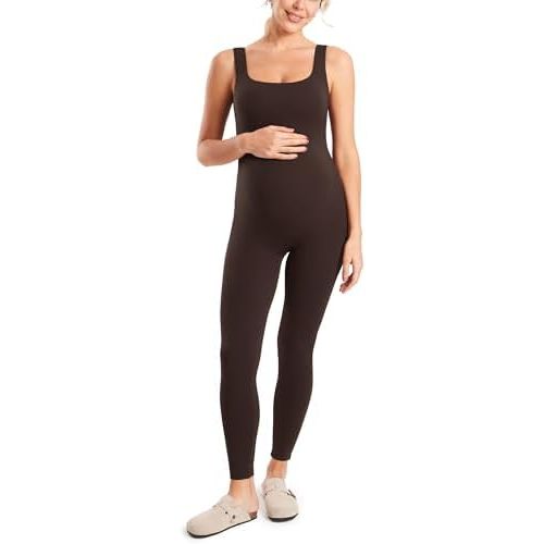 MOMANDA Maternity Jumpsuit Workout Romper for Pregnancy Seamless Leggings Bodysuit Sleeveless Square Neck Tank Top