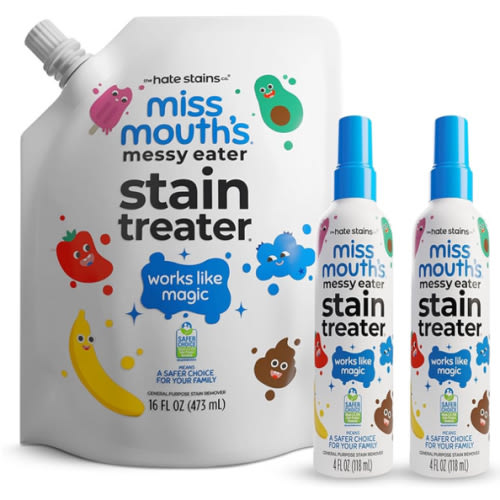 Miss Mouth’s Messy Eater Stain Treater Refill Ready Kit - 2 Pack Stain Remover Spray and 16oz Refill Pouch - Newborn & Baby Essentials - Food, Grease, Coffee Off Laundry, Underwear, Fabric