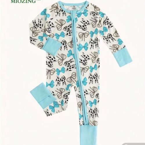 MIOZING Baby Girls Clothes, Bowknot Romper Cow Print Bamboo Zipper Jumpsuit, Sky Blue Long Sleeve Soft Breathable Daily Loungewear | SHEIN USA