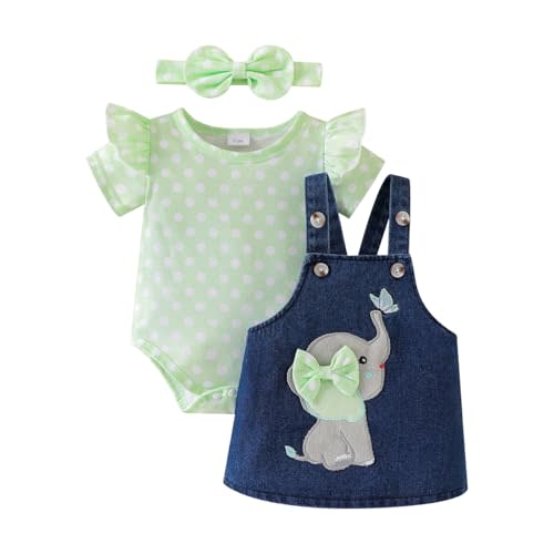 Baby Girl Clothes Newborn Ruffle Romper Elephant Jeans Skirt 0-18M | Soft Romper, Adjustable Jean Skirt with Headband Elephant Butterfly Design, Snap Closure, Everyday Wear