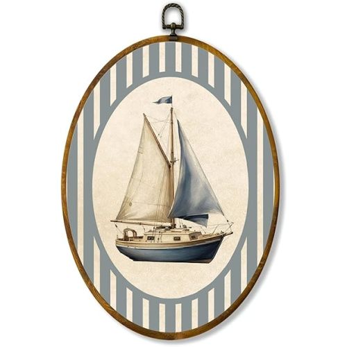 zewepri Sailboat Oval Canvas Wall Art, Rustic Nautical Ocean Nursery Decor