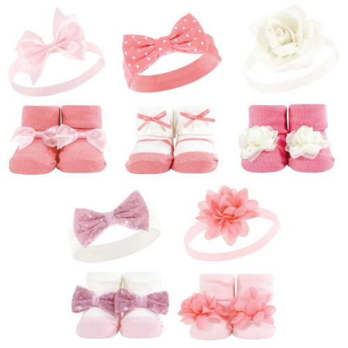 Hudson Baby Infant Girl Headband and Socks Giftset, Pink Gray, One Size