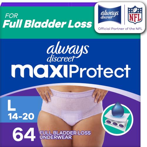 Always Discreet MaxiProtect Adult Diapers for Women, Incontinence Underwear, Scented, Postpartum Essentials, Bladder Leak Protection, Disposable Briefs, Maximum Plus Absorbency, Size L, 64 Count