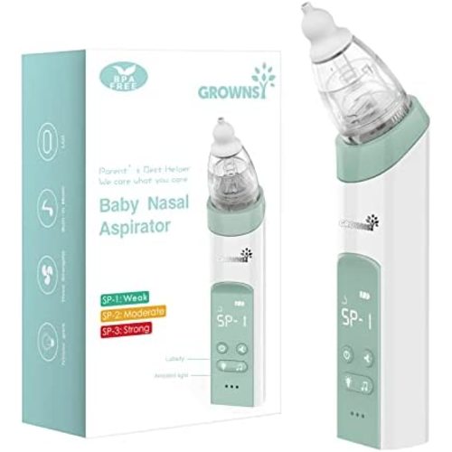 GROWNSY Nasal Aspirator for Baby, Electric Nose Aspirator for Toddler, Baby Nose Sucker, Automatic Nose Cleaner with 3 Silicone Tips, Adjustable Suctions, Music and Light Soothing Function (Green)
