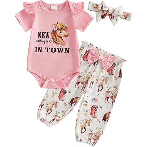 FYBITBO Western Newborn Infant Girl Clothes Ruffle Romper Pants Headband Cowgirl Outfits For Baby Girls 0 3 6 9 12 18 Month