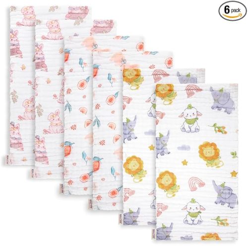 Maliton Muslin Burp Cloths for Baby Girl 6 Pack Large 20''x10'' 100% Cotton Burp Rags Absorbent and Soft 6 Layers Muslin Cloth Baby Boy Newborn Essentials Must Haves (Rabbit & Fruit)