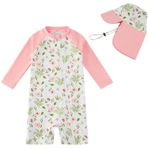 UPF 50+ Baby Girl Swimsuit Set, Recyclable Material & Sun Hat, Full Zip for Easy Dressing Toddler Girls 3-36 Months