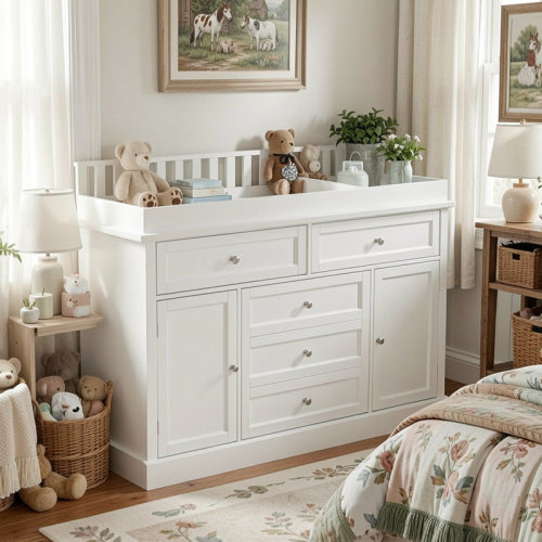Latitude Run® White Kid Dresser With Changing Table , 3 Drawers & 2 Cabinets | Wayfair