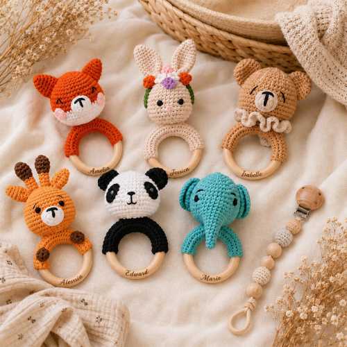 Personalized Wooden Baby Rattle with Name — Engraved Animal Montessori Toy, Baby’s First Christmas Gift | Personalizable, Made to Order