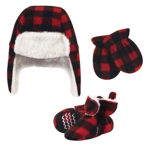 Hudson Baby Unisex Baby Trapper Hat, Mitten and Bootie Set, Black Red Plaid, 0-6 Months