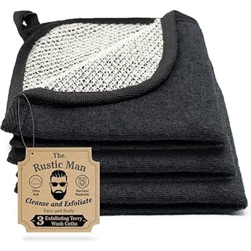 Terry Wash Cloths for Face and Body, Dual-Sided Cleansing and Exfoliating Washcloths, Machine Wash, Black, 3 Count