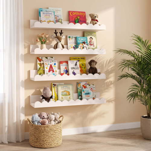 Scalloped Cloud Floating Bookshelves Set of 4, White Wall Mounted Kids Bookshelf for Nursery, Bedroom, Bathroom