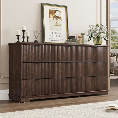 Fluted 9 Drawers Dresser for Bedroom, 63" Wood Dresser with Power Outlet and Deep Drawers, Wide Chest of Drawers, Modern Closet Dressers for Bedroom, Living Room, Nursery, Brown