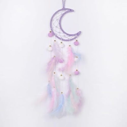 Pretty Jolly Purple Moon Kids Dream Catcher Wall Decor Pompom Feather Baby Dreamcatcher Handmade Children Dream Catcher Home Décor Wall Hanging for Nursery Bedroom Boys Girls Birthday Gift-25.6in
