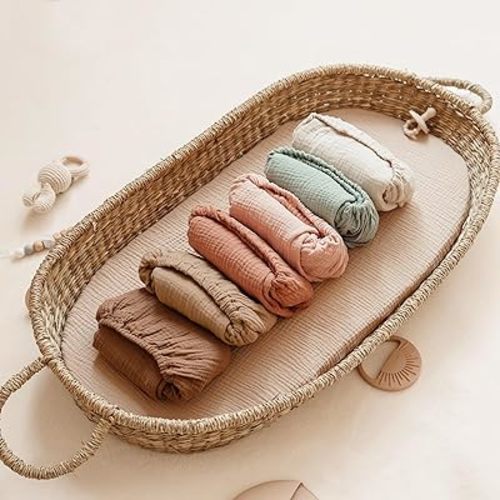 Konssy Muslin Bassinet Sheets for Baby Girl Boy, 2 Pack Soft Breathable Baby Bassinet Mattress Sheets Fit for Hourglass Oval Cradle, Moses Basket Rectangle Mattress (Camel, Sun)