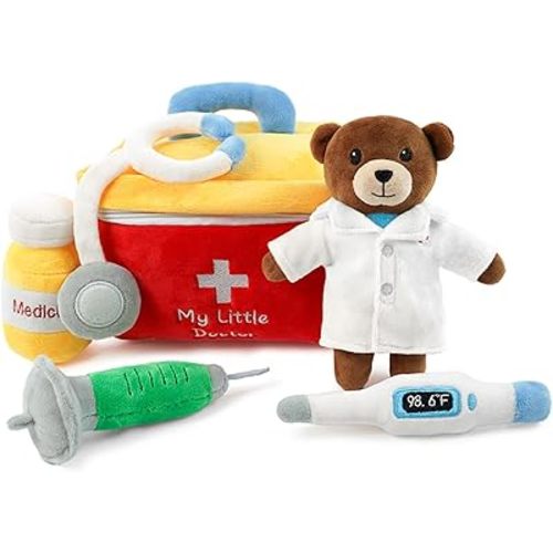 Stuffed Plush Doctor Kit for Baby Toddler, 6-Piece My Little Plush Playset, Sensory Pretend Play Toy with Medical Bag/Bear Doctor/Stethoscope, Boy Girl Infant Newborn Gifts