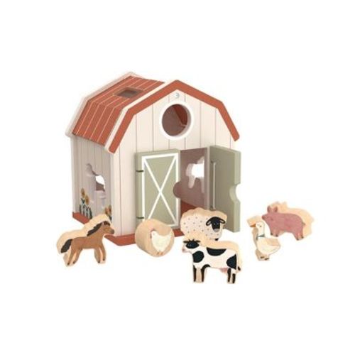 Freniland 7-Piece Wooden Farm Playset for Toddlers with Barn Shape Sorter, Farm Animals, Tractor and Carry Handle