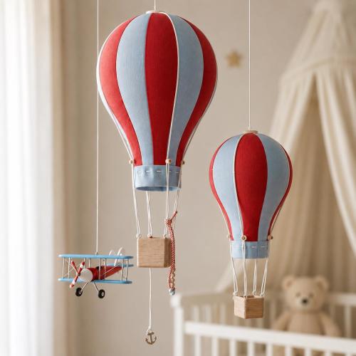 Vintage Hot Air Balloons & Retro Airplane Hanging Decor Set, Aviation Circus Theme, Nursery Accent