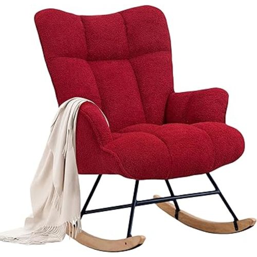 Zedachica Rocking Chair Nursery Teddy Upholstered Glider Rocker Rocking Accent Chair Padded Seat with High Backrest Armchair Comfy Side Chair for Living Room Bedroom Offices (Burgundy Teddy)