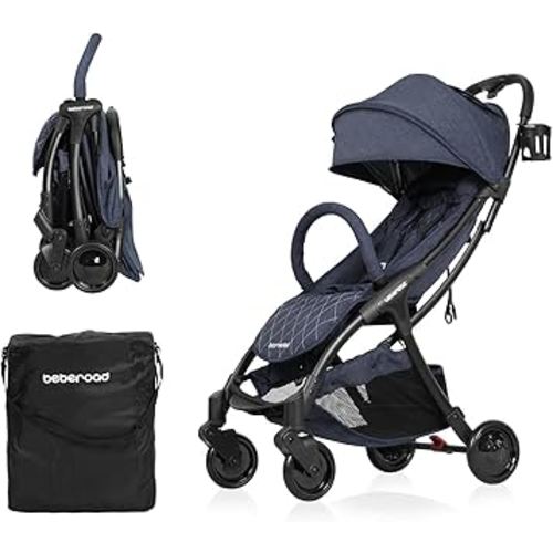 Beberoad Love R2 Small Travel Stroller - Foldable, Lightweight, Baby Stroller for Airplane - Infant to Toddler - Adjustable Backrest, Cup Holder, Waterproof Canopy, Denim Blue